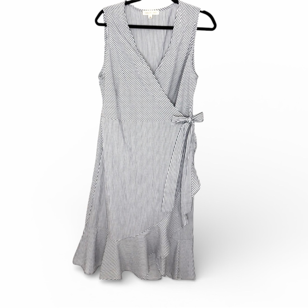 Parallele Skies Navy Blue & White Striped Ruffle Wrap Dress Size L